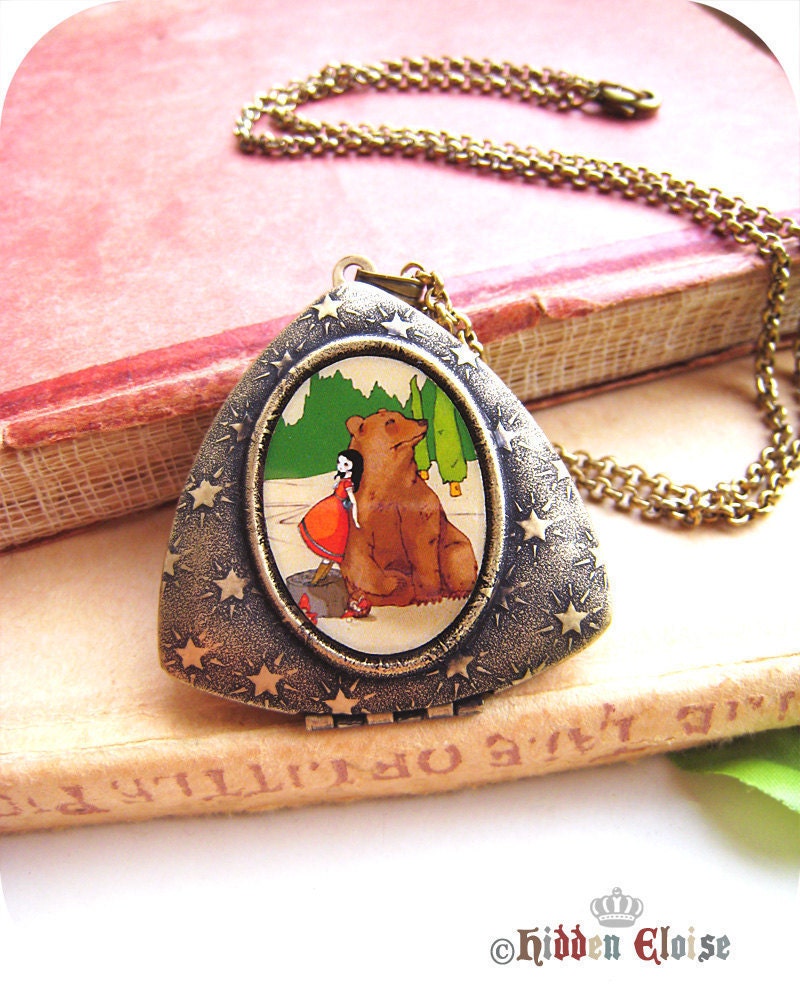 Fairytale Locket, bear and girl pendant, animal friendship art locket, romantic jewellery, cute necklace, he's fluffy and brown M02
