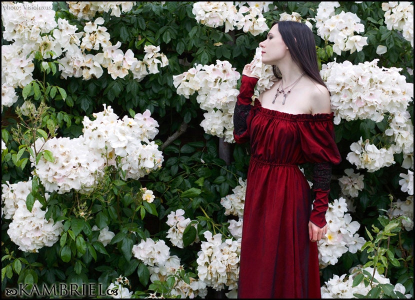 Garnet Morgane Gown in dark blood red satin charmeuse with black lace - by Kambriel