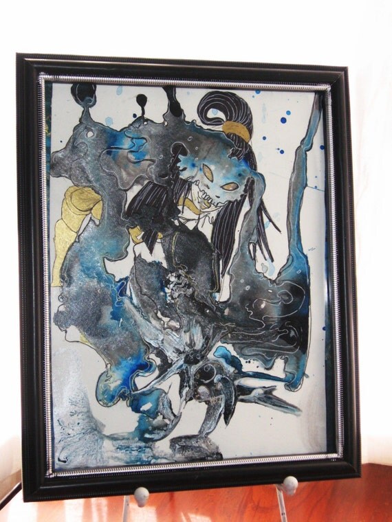 Folklore - Skeleton Smoke Woman - Japanese  surreal contemporary artwork - original Painting - 9x12 inches