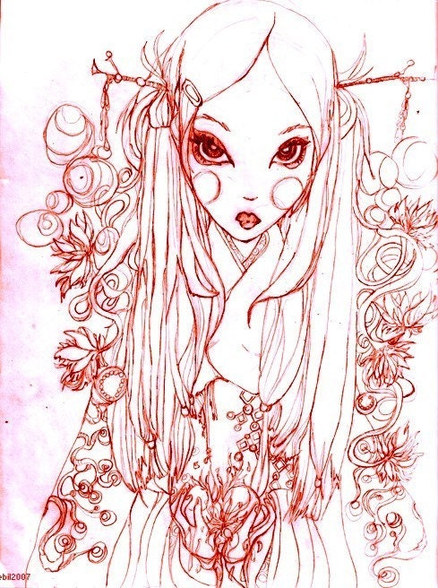 Sketched Cute Chrysanthemum Girl -  Curse of the Golden flowers - ebilz art print- 4x6 inches