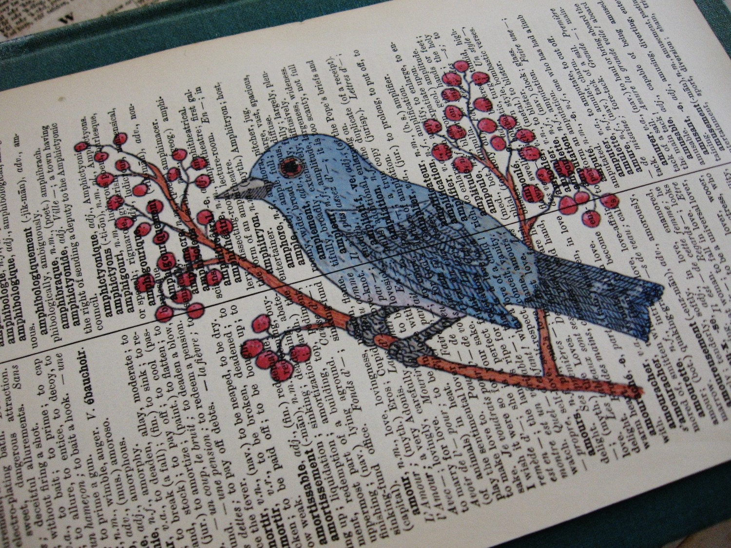 Blue Bird with Red Berries Print on Vintage Dictionary Page - digiliodesigns