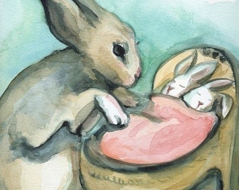 New Mama-large print- Rabbit and Babies Watercolor archival print, nursery, baby, children, decor
