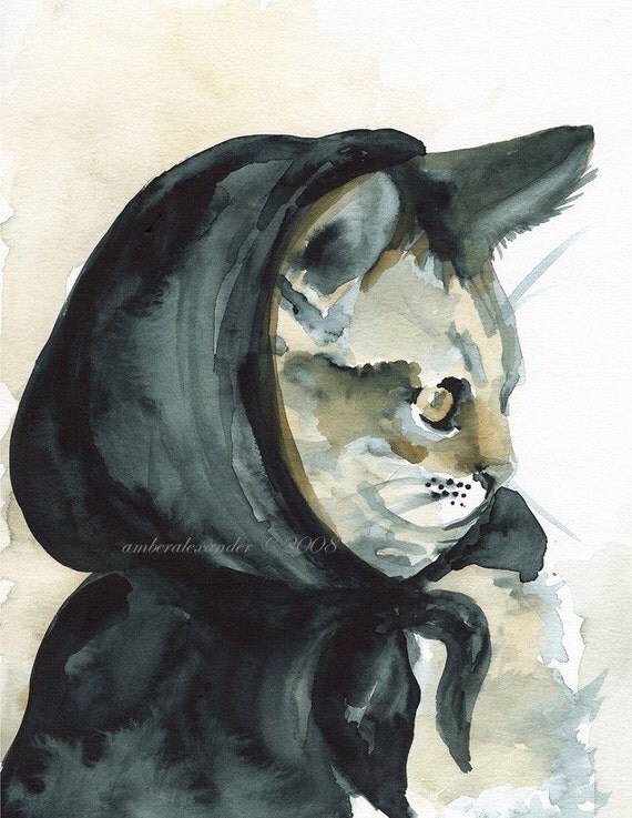 cat print- little Inky Riding hood- Cat art