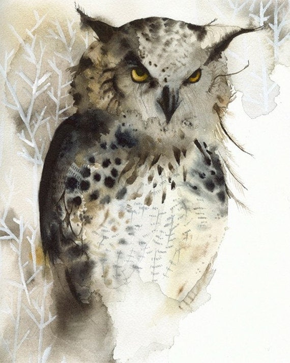 owl art - Great Horned Owl Archival print of watercolor- , rustic home decor, natural, owl art, men, for him