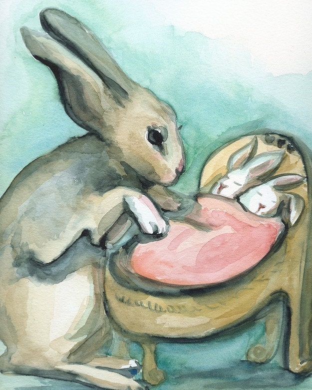 New Mama-large print- Rabbit and Babies Watercolor archival print, nursery, baby, children, decor