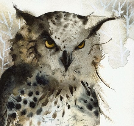 owl art - Great Horned Owl Archival print of watercolor- , rustic home decor, natural, owl art, men, for him