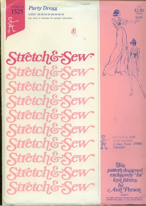 Vintage 70s Stretch and Sew 1525 Ruffled Party Dress Sewing Pattern UNCUT Bust 28-42