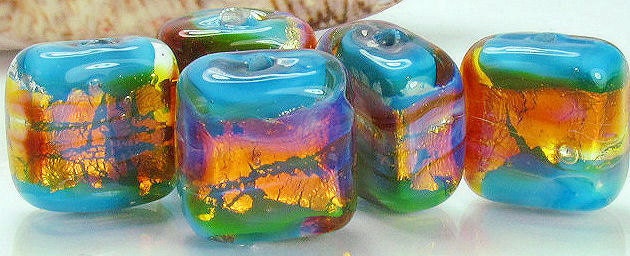 Handmade lampwork glass beads, made to order, two only, tile cube tablets, tur