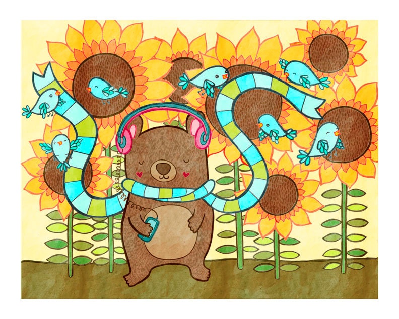 Sunflower Bear in Headphones 8x10 Print