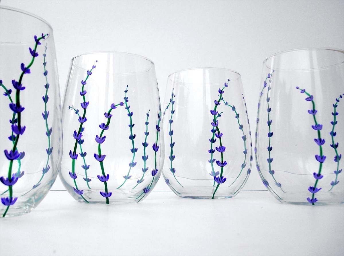 Lavender Stemless Wine Glasses-Set of 2 Hand-painted Glasses