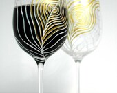 Gold and Ivory Peacock Feather--Set of 4 Hand Painted Wine Glasses