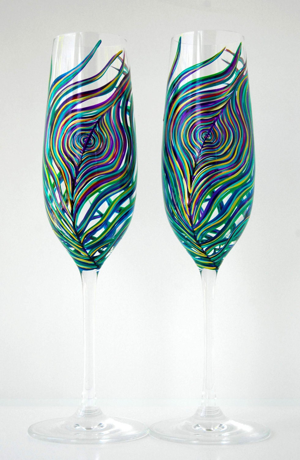 Peacock Feather Wedding Champagne Flutes - Set of 2 Personalized Toasting Flutes - Hand Painted Custom Wedding Flutes