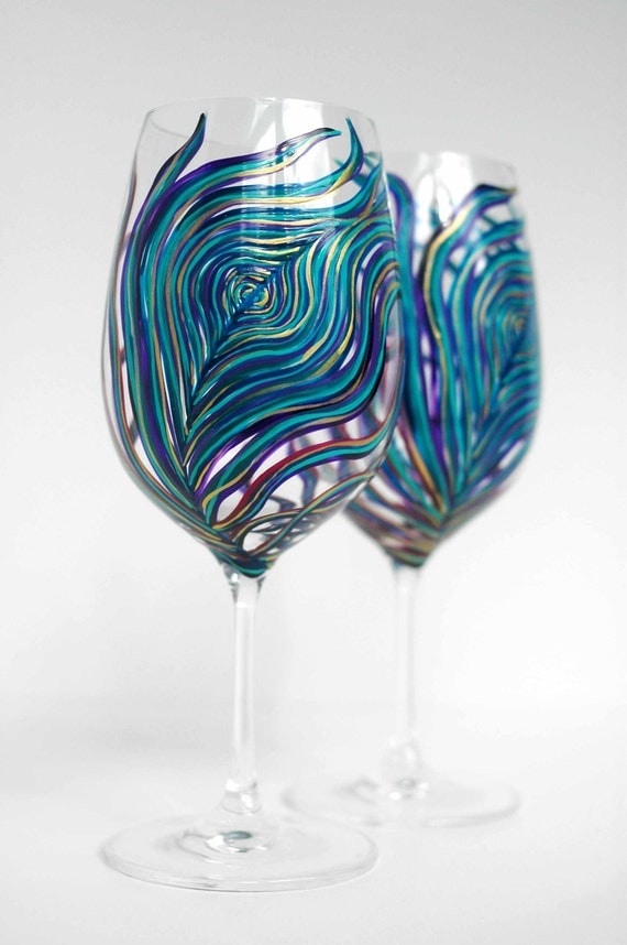 Peacock Wine Glasses -- Set of 2 Hand Painted Peacock Feather Glasses in Amethyst and Sapphire