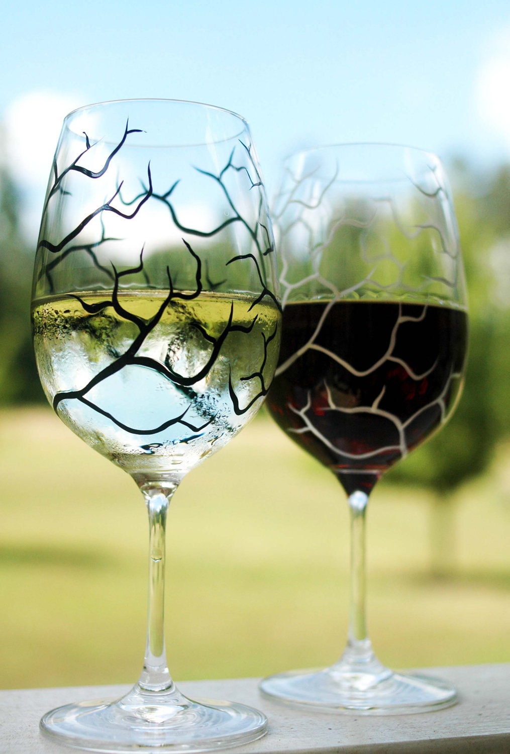 Black and White Tree Branch Wine Glasses - Set of 2 Hand Painted Glasses