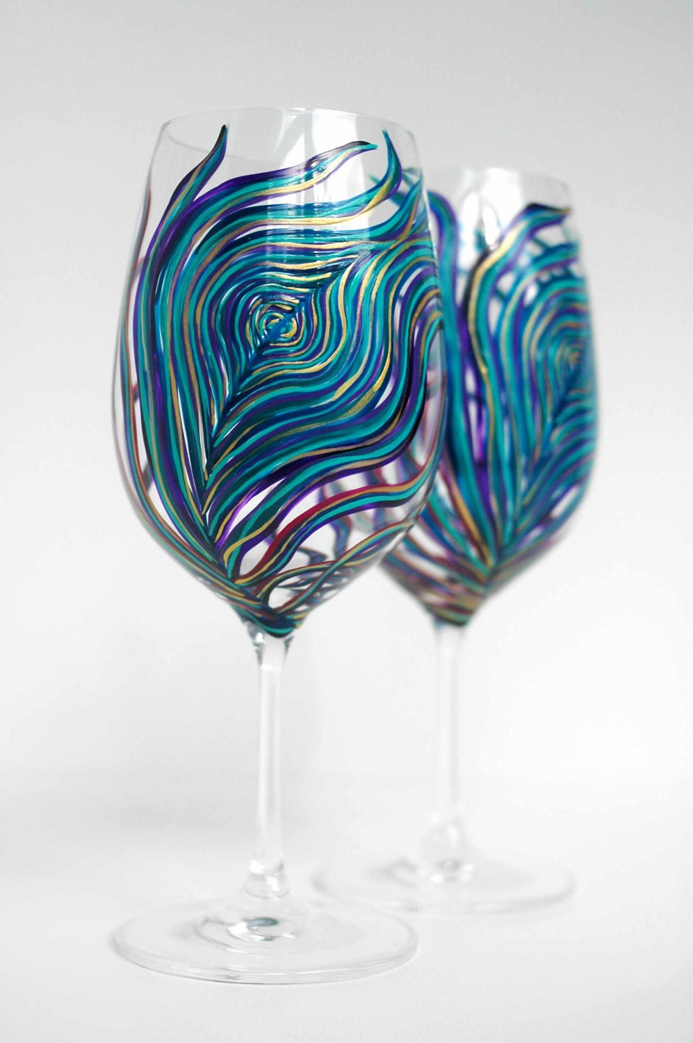 Peacock Wine Glasses -- Set of 2 Hand Painted Peacock Feather Glasses in Amethyst and Sapphire