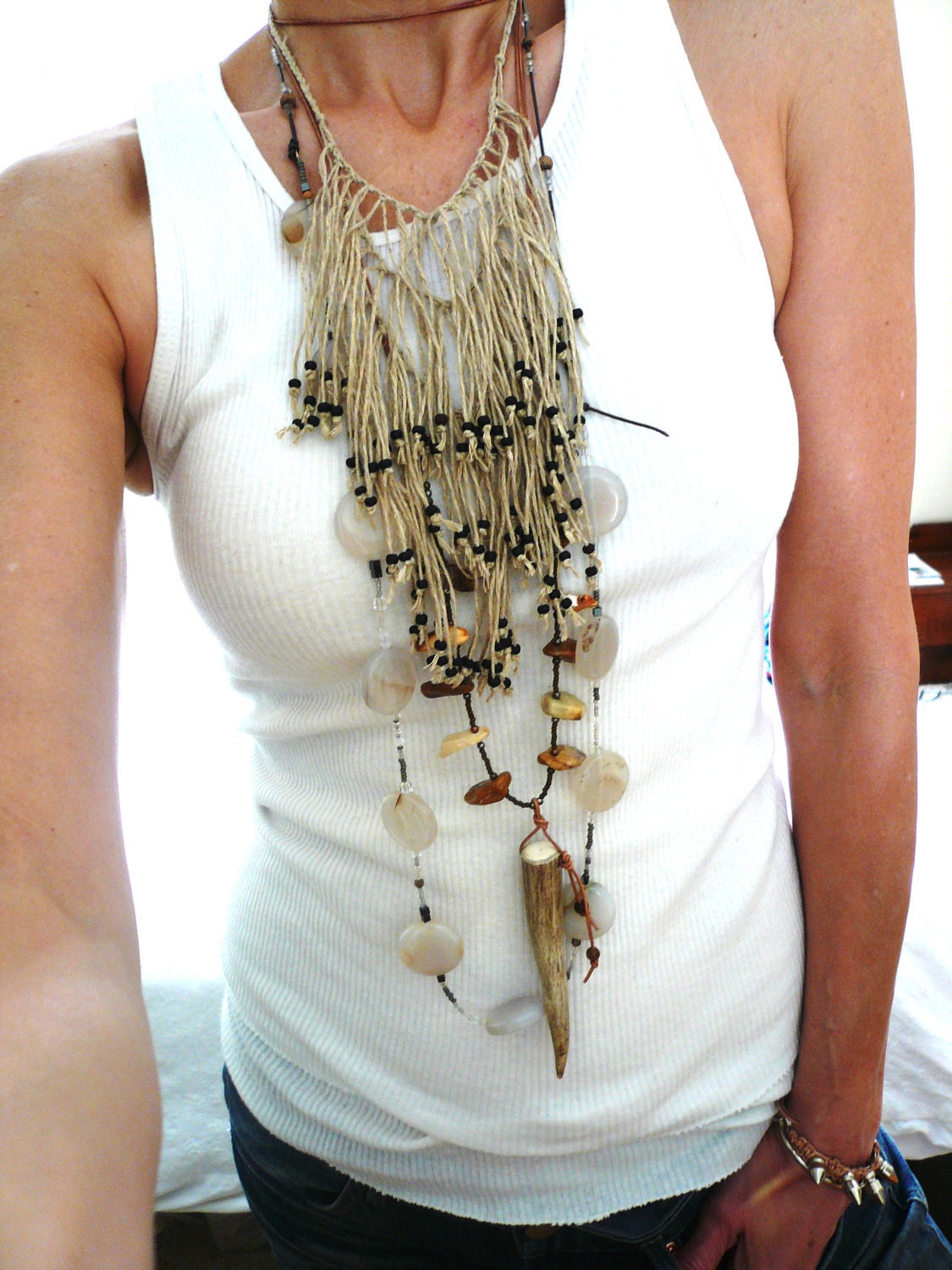 hemp necklace beaded FRINGE , no. 18