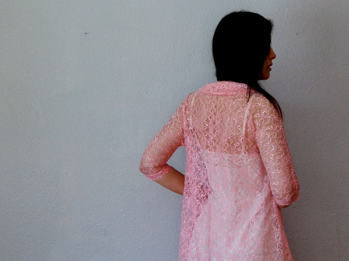 vintage LACE night coat /  1950s pink SHEER night jacket