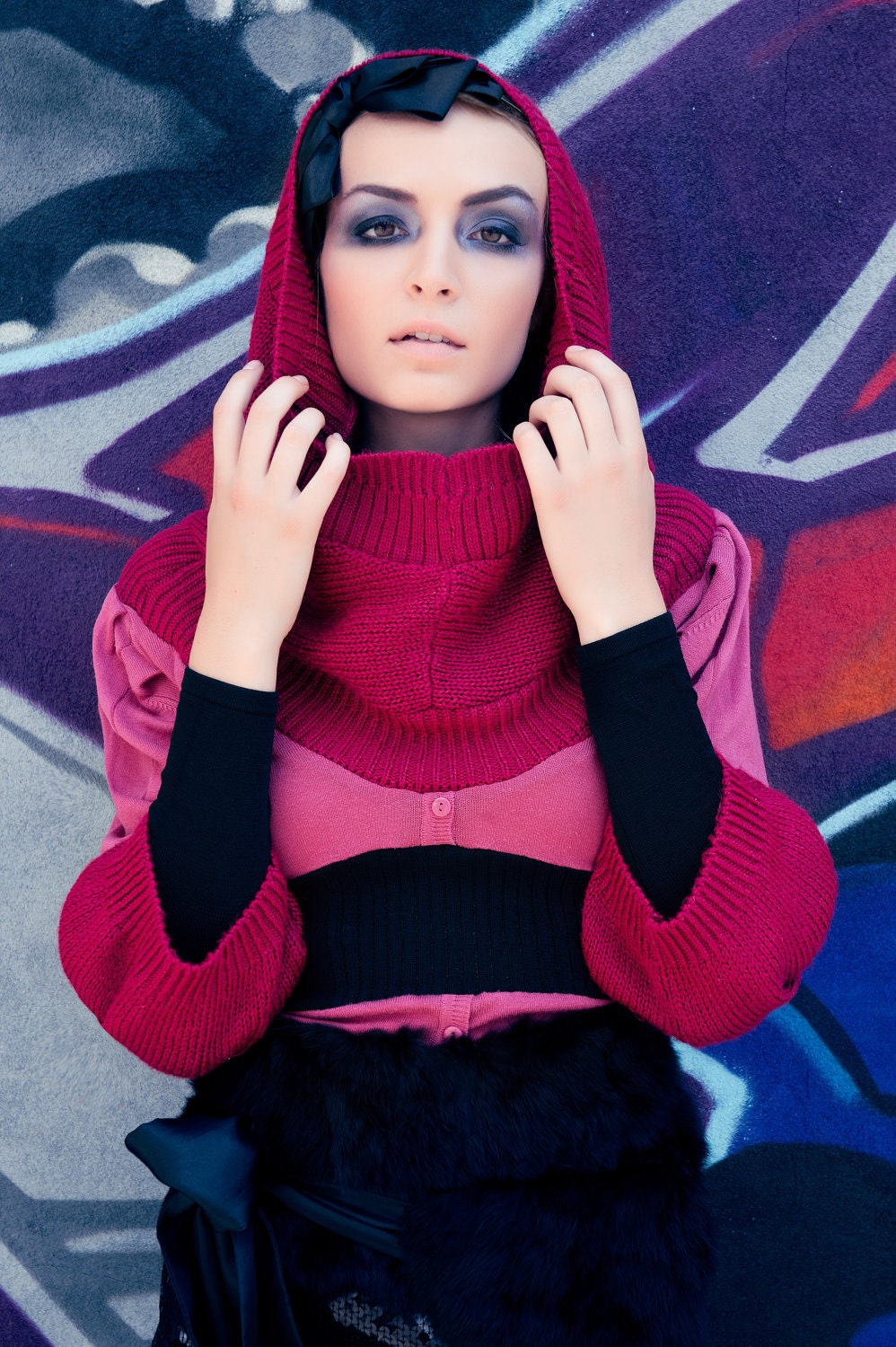 Up-Cycled Harajuku Fashion Patchwork Sweater Dress in Raspberry with Over-sized Hoodie by Janice Louise Miller