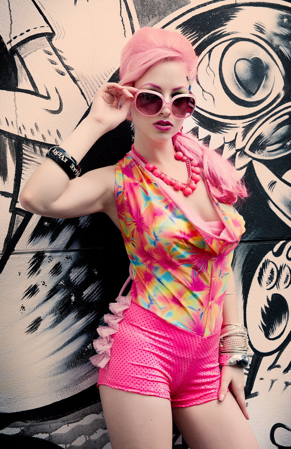 Kawaii Fashion Halter Top Romper in Carnival Colors with Ruffled Booty Shorts by Janice Louise Miller