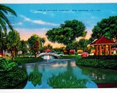 1940 Vintage Postcard New Orleans Metairie Cemetery Lake with Bridge