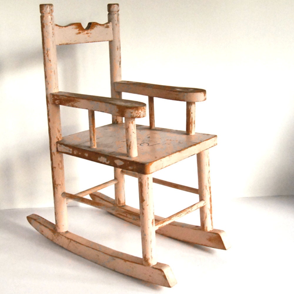 Vintage Doll Rocking Chair Toy Wood Miniature Furniture Shabby Chic Decor Chippy Pink Paint