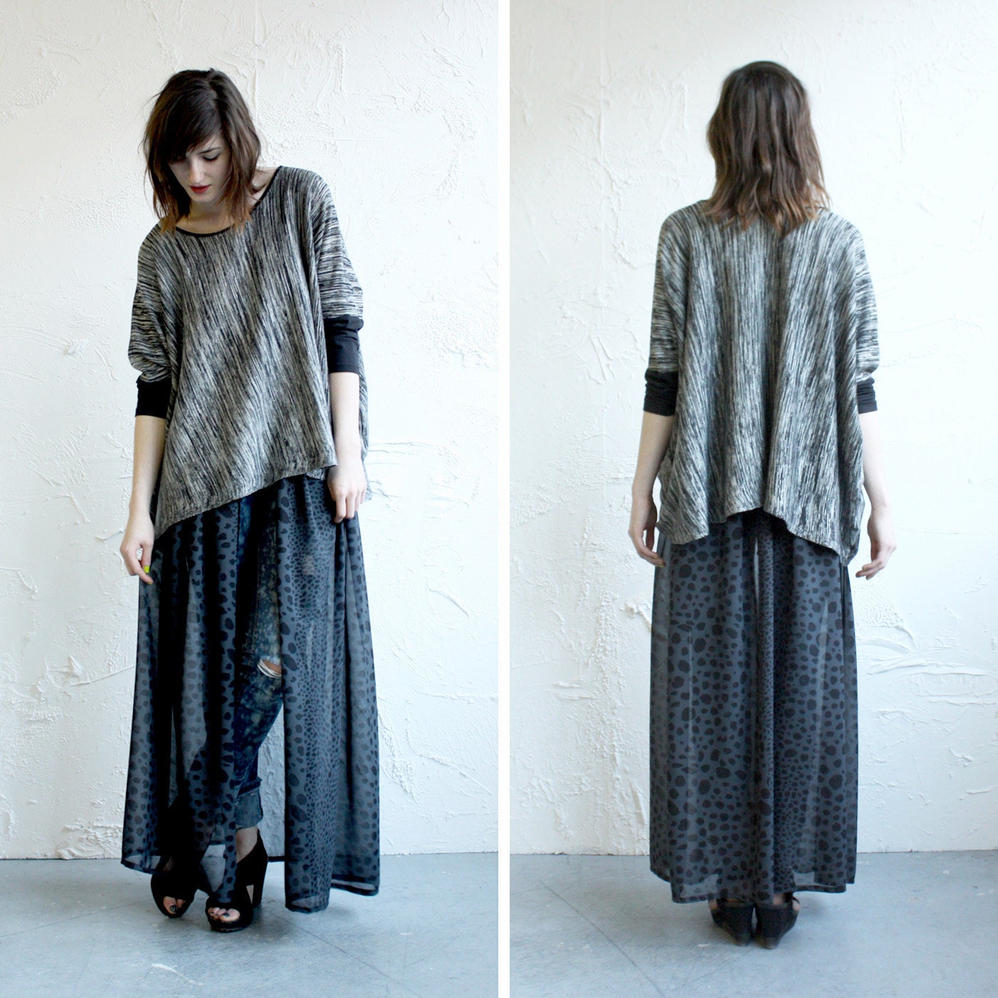 Chiffon Overskirt Belt - Black and Grey Animal Print with Black Elastic - size S