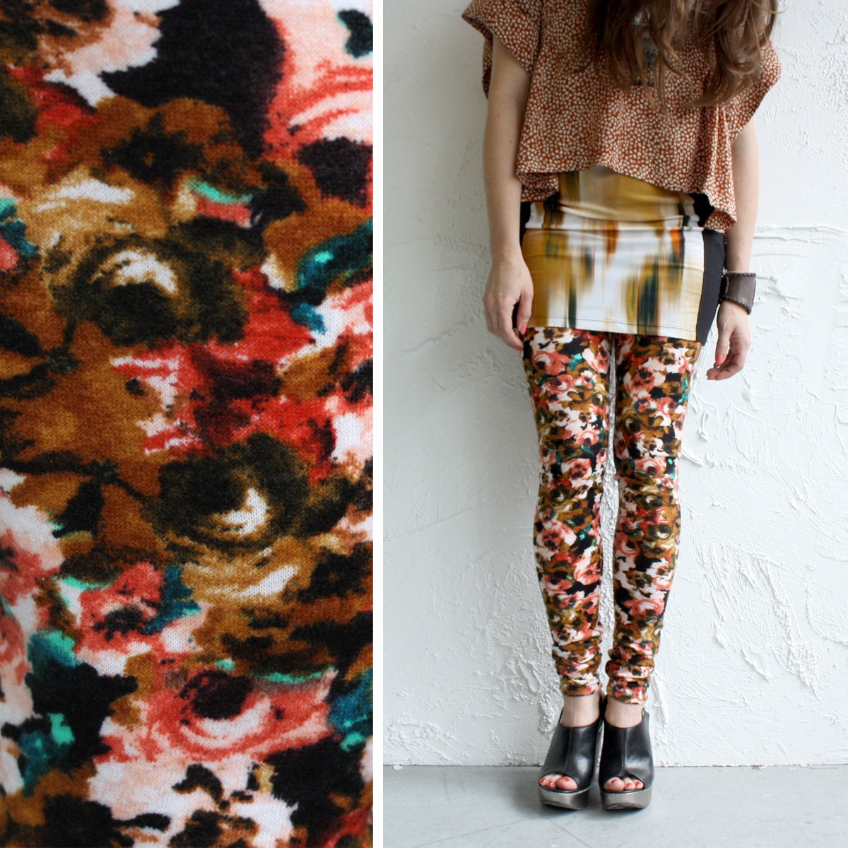 Brushed Jersey Leggings - Rust, Orange, Black and White Abstract Floral - XS, S or M