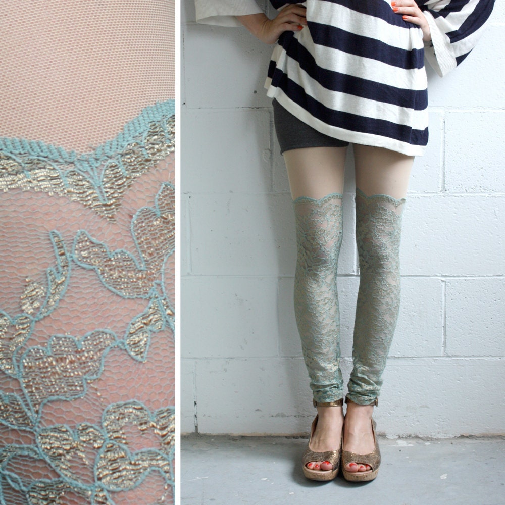 Lace Leggings - Seafoam Lace - Psych Out Faux Thigh High - LAST PAIR - Size M