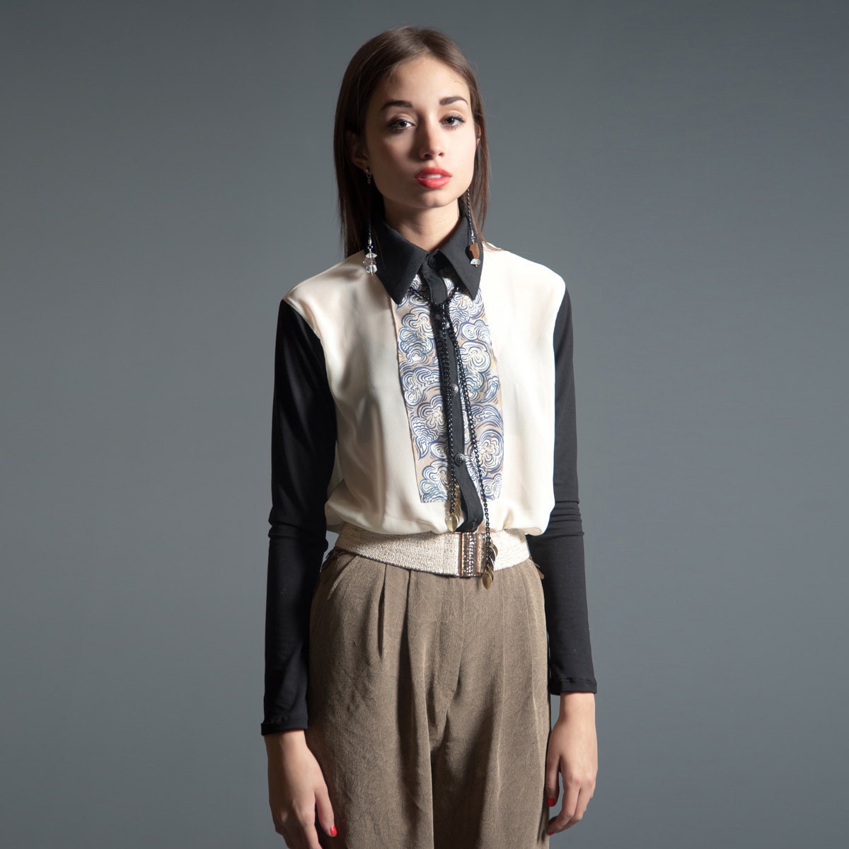 Breeze Blouse - Digitally Printed Silk, Cream Chiffon and Black Sateen - LAST ONE - Size L
