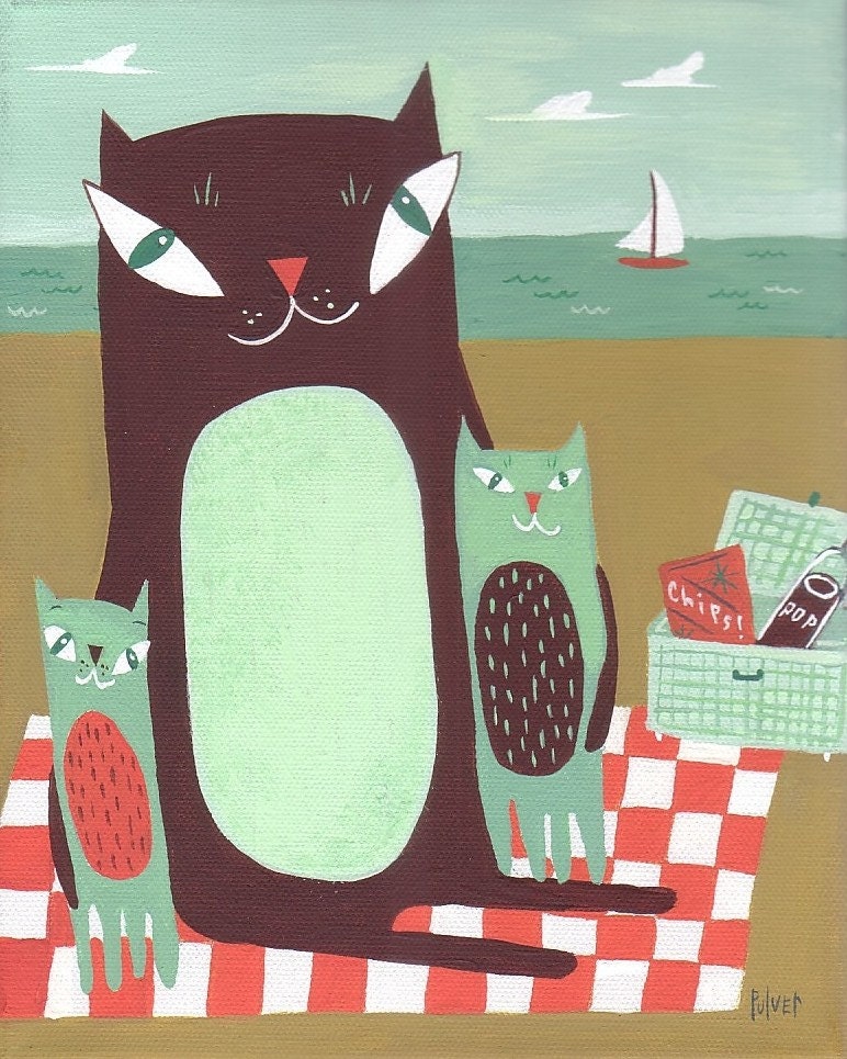Cat Family on Beach Card or Small Art Print - Picnic at the Lake or Ocean - Folk Art Animal Card