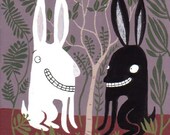 Whimsical Purple Rabbit Art Print 8x10 Folk Art Animal Illustration in Purple, Maroon, Green, Black and White