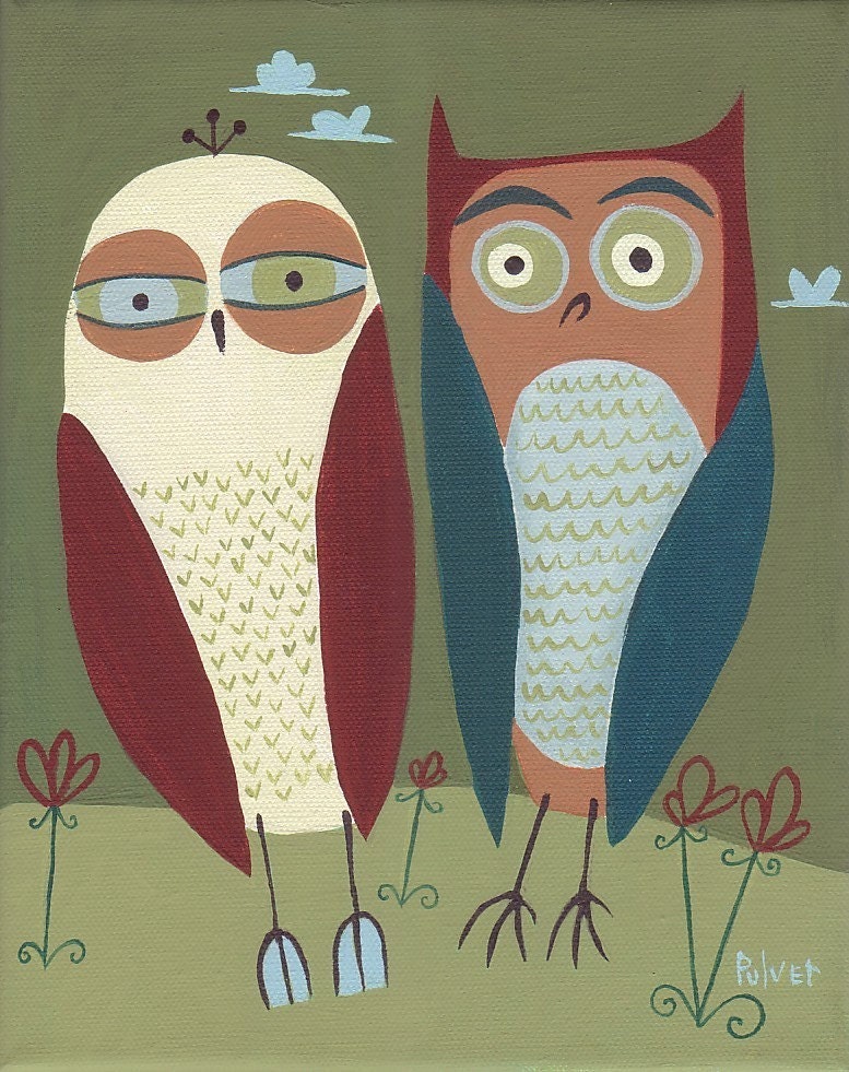 Owl Art Print - Mid Century Vintage 8x10 in Maroon, Teal Blue and Sage Olive Green