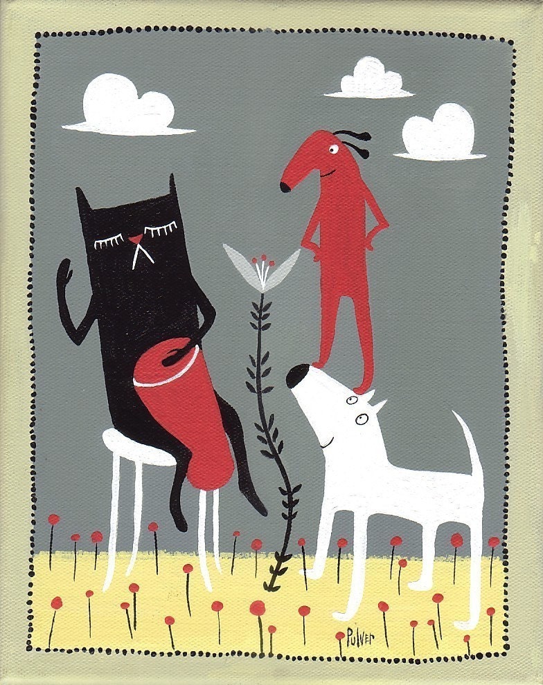 Quirky Black Cat Art Print Beatnik Bongo Drummer 8x10 poster folk art white dog, red dog, grey, yellow