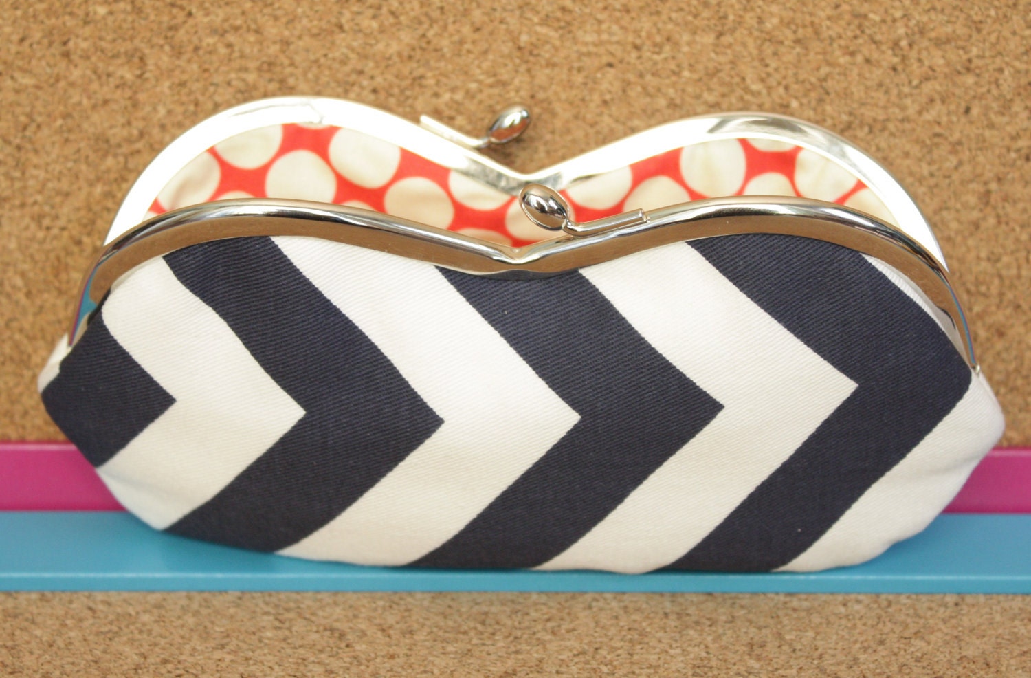 Navy Chevron Sunglasses Case - Navy and White Chevron Sunglass or Eyeglass Clutch with Red Polka Lining