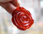 Red Rose Necklace . Valentines Jewelry . Carved Stone Flower Necklace . Sterling Silver Chain Necklace - True Romance . Rebel Rose