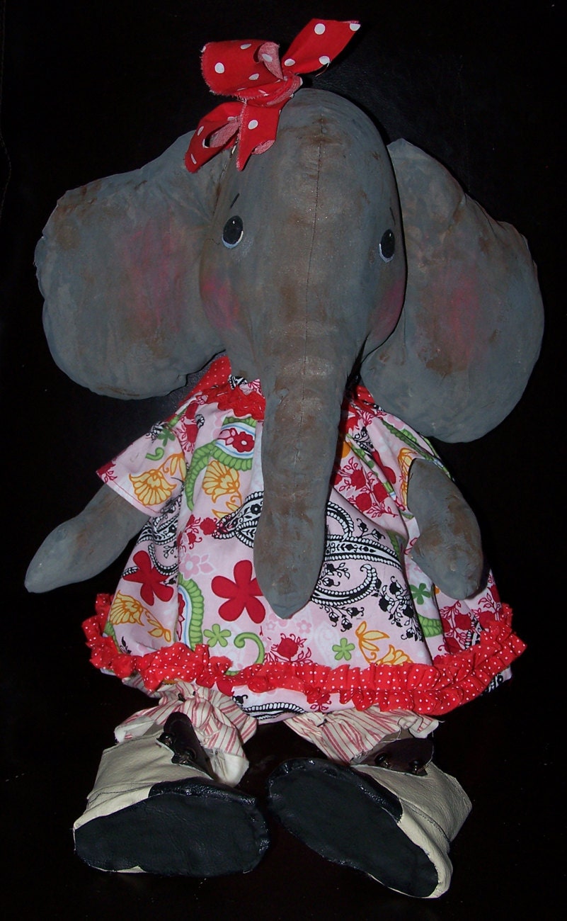 Vintage Style Folk Art Circus Doll Elephant Primitive Whimsical Handmade Ooak