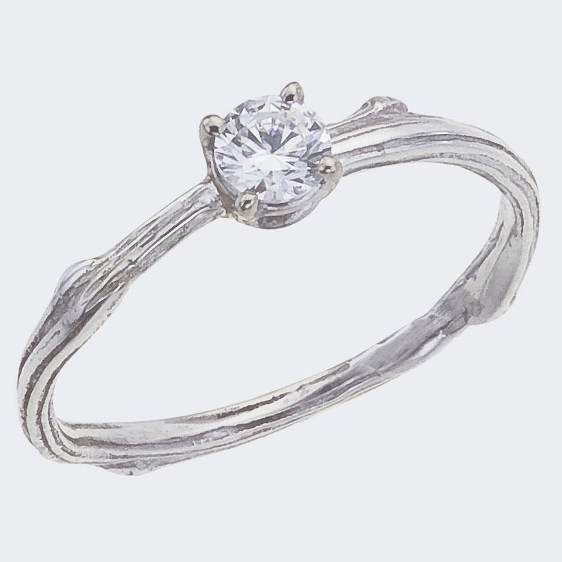 Diamond Engagement Ring- Narrow Twig Band  -  Top Selling - White Gold  - Classic and Simple