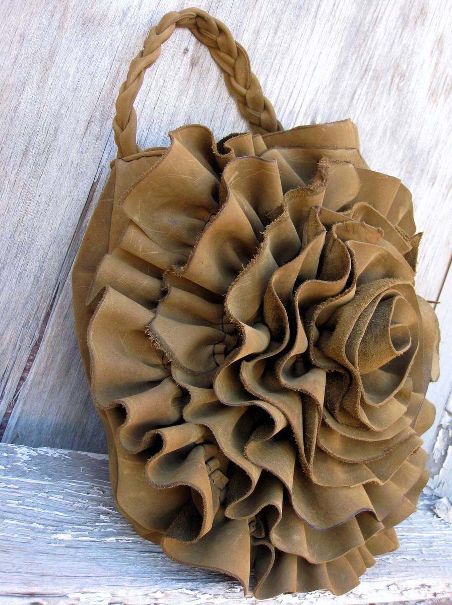 Rustic Rose Leather Handbag Ruffle Bag in Dark Mustard Brown  by Stacy Leigh