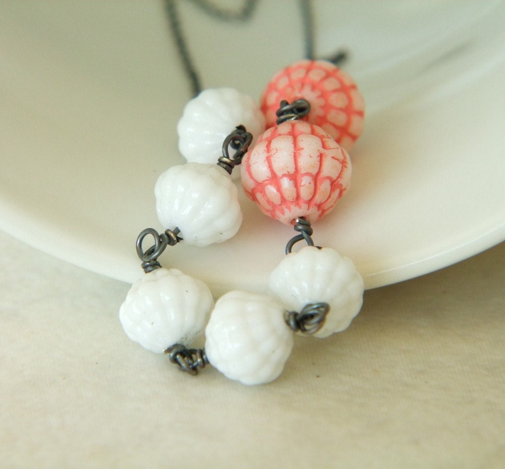 SALE - Oxidized Sterling Silver Necklace with Wire Wrapped White and Red Vintage Glass - Berry // I036