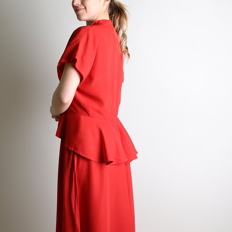 Vintage Maxi Dress & Blouse - Bright Cherry Red Handmade Peplum Top - Large