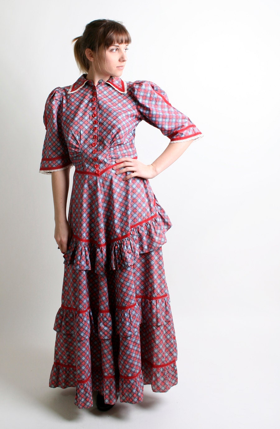 1930s Plaid Dress - Vintage Ruffles and Lace Southern Belle Maxi Dress - Medium Prairie Cranbery