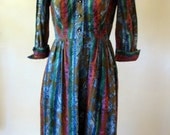 Vintage 1960s Blue Brown Paisley Stripe Cotton Shirt Dress Medium