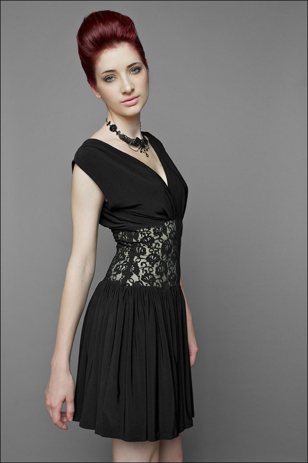 Black Cocktail Dress with lace bodice-Made to Order