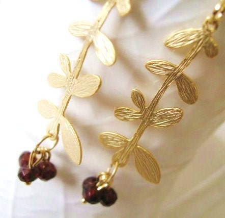 Garnet earrings gold branch dangles january birthstone Vitrine Gift for her Under 50