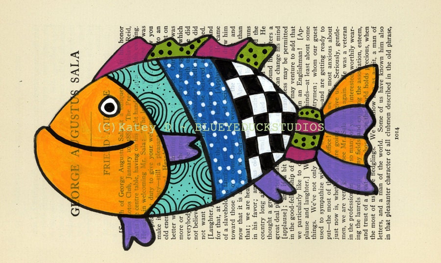 Day Old Fish Sale P U Psychedelic Patchwork Quilt Folk Art original painting antique book page Katey Duck checker board