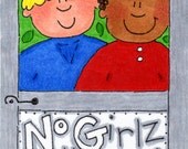 ACEO Original Illustration - Folk Art - Cute Whimsical - 2.5" X 3.5" - No Girlz Allowed