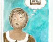 Mix Tape Darling - original watercolor ink painting. nostalgic, 1980s, sepia