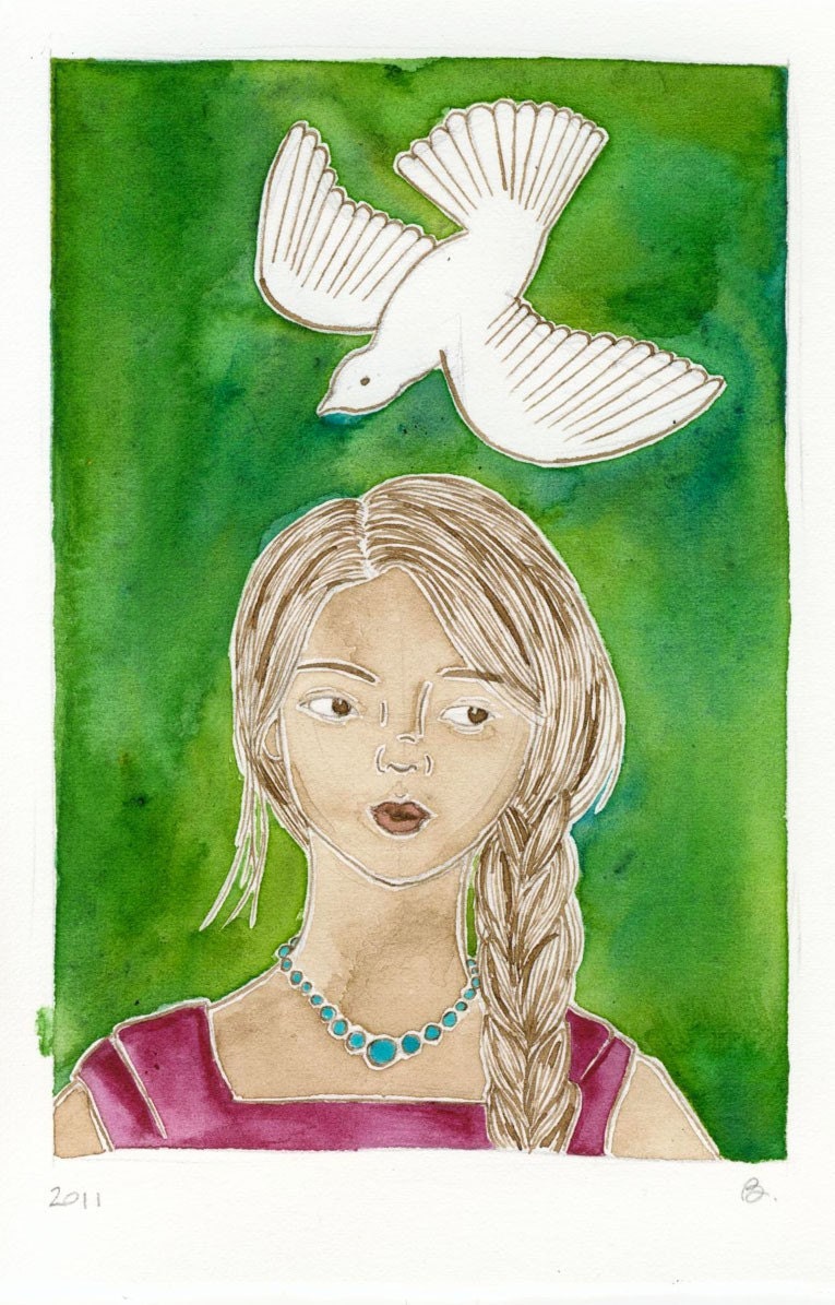 Katniss and a Mockingjay original Hunger Games watercolor painting by Yardia