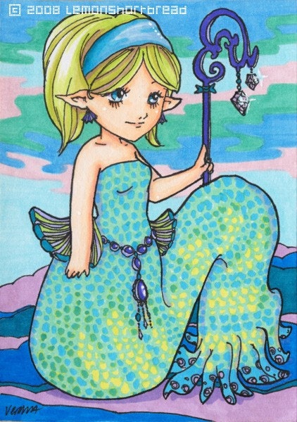 Original Mermaid ACEO Art, Squid Anemone Undersea Barnacles Illustration - Aqua Luna