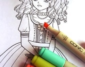 Sweet Lolita Bouquet Coloring Page, Digi Stamp Colouring Book Digital Image Art Kawaii Shoujo Gothic Lolita Anime Fashion Illustration